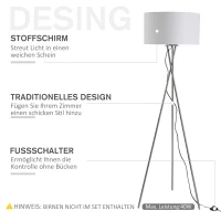 HOMCOM Vloerlamp staande lamp stoffen kap driedubbele metalen voet zilver + wit 48 x4 8 x 162(m-4)