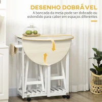 HOMCOM Conjunto de Mesa e 2 Bancos para Cozinha Mesa com Rodas Bancada Dobrável 2 Gavetas e Prateleira 87x74x86cm Carvalho e Branco(m-4)