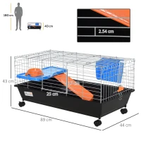 PawHut Small Animal Cage Rabbit Guinea Pigs Chinchillas Cage w/ Wheels Water Bottle Food Dish Platform Ramp 89 x 44 x 43 cm Black(m-3)