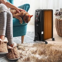 HOMCOM Ölradiator tragbar elektrisch Heizkörper 2000 W 3 Heizstufen 24-Stunden-Timing elektrische Heizung 9 Heizplatten mit 4 Rollen Griff Überhitzungsschutz Schwarz Stahl  46,5 x 24,5 x 64 cm(m-2)