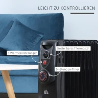 HOMCOM Ölradiator tragbar elektrisch Heizkörper 2000 W 3 Heizstufen 24-Stunden-Timing elektrische Heizung 9 Heizplatten mit 4 Rollen Griff Überhitzungsschutz Schwarz Stahl  46,5 x 24,5 x 64 cm(m-5)