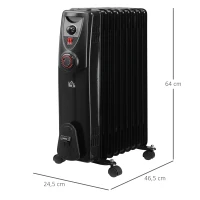 HOMCOM Ölradiator tragbar elektrisch Heizkörper 2000 W 3 Heizstufen 24-Stunden-Timing elektrische Heizung 9 Heizplatten mit 4 Rollen Griff Überhitzungsschutz Schwarz Stahl  46,5 x 24,5 x 64 cm(m-3)