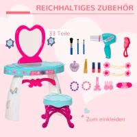 HOMCOM Kinderschminktisch mit Schubladen und reichhaltigem Zubehör Frisiertisch mit Hocker Licht für Mädchen ab 3 Jahre Kosmetik Spiegel Seeblau+Weiß 49,5 x 25 x 69 cm(m-4)