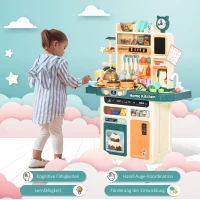 HOMCOM Kinderküche Küchenspielzeug mit Zubehör 113–teilige Spielküche Musikfunktionen Spielzeugset Spielzeugküche für 3–6 Jahre PP-Kunststoff ABS Beige+Grün 70 x 32 x 92,2 cm(m-6)