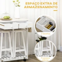 HOMCOM Conjunto de Mesa e 2 Bancos para Cozinha Mesa com Rodas Bancada Dobrável 2 Gavetas e Prateleira 87x74x86cm Carvalho e Branco(m-6)