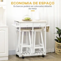 HOMCOM Conjunto de Mesa e 2 Bancos para Cozinha Mesa com Rodas Bancada Dobrável 2 Gavetas e Prateleira 87x74x86cm Carvalho e Branco(m-5)