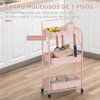HOMCOM Carrito Auxiliar con Ruedas Carrito Plegable de 3 Niveles con 4 Ganchos y 3 Cestas Extraíbles 43x31x89 cm Rosa(m-4)