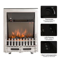 HOMCOM Elektrokamin mit Heizung, elektrischer Kamin mit LED Flammeneffekt, 1000/2000W Dekokamin, elektrisch Kaminfeuer Kaminofen, Silber(m-4)