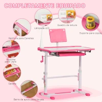 HOMCOM Conjunto de Secretária e Cadeira para Crianças com Altura Ajustável Mesa Inclinável Lâmpada LED 80x49,5x80-105cm e 36x34x60-73cm Rosa(m-7)