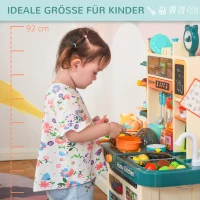 HOMCOM Kinderküche Küchenspielzeug mit Zubehör 113–teilige Spielküche Musikfunktionen Spielzeugset Spielzeugküche für 3–6 Jahre PP-Kunststoff ABS Beige+Grün 70 x 32 x 92,2 cm(m-8)