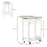 HOMCOM Conjunto de Mesa e 2 Bancos para Cozinha Mesa com Rodas Bancada Dobrável 2 Gavetas e Prateleira 87x74x86cm Carvalho e Branco(m-3)