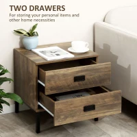 HOMCOM Retro Bedside Table, End Side Table with 2 Drawers, Metal Frame for Bedroom, Living Room, Coffee(m-5)