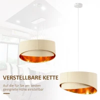 HOMCOM Deckenleuchte Kronleuchter Deckenlampe mit zwei abgeschrägte Lampenschirme für Büro, Wohnzimmer, Esszimmer, Stahl, Leinen, Beige+Gold, 50x50x136 cm(m-4)
