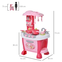 HOMCOM Kinderküche, 38-tlg. Zubehör, Licht- und Toneffekte, Rosa(m-3)