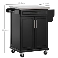 HOMCOM Wooden Kitchen Island on Wheels, Serving Cart Storage Trolley with Stainless Steel Top, Drawer, Side Handle and Rack, Black(m-3)