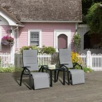 Outsunny Set de Gradina cu 2 Sezlonguri Inclinabile Tapitate si Masuta din Sticla, Gri(m-2)
