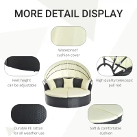 Outsunny Pat de Plajă Scoică cu Suport Picioare și Cort parasolar din PE Ratan, Negru(m-5)