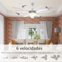 HOMCOM Ventilador de Techo 20,5W con Mando a Distancia Luz LED y 3 Aspas Reversibles 6 Velocidades Ø132x40 cm Blanco(m-4)