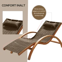 Outsunny Șezlong de Grădină Ergonomic cu Tetieră Căptușită din Lemn și Țesătură, 161x72x68 cm, Maro(m-4)