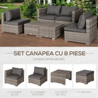 Outsunny Set Mobilier Gradina 8 Piese, Canapea cu Masuta de Cafea din Ratan PE si Structura de Aluminiu, 75x75x71 cm, Gri(m-4)
