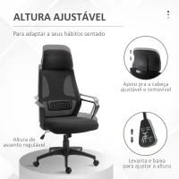 Vinsetto Cadeira de escritório ergonômica Cadeira de mesa inclinável ajustável em altura com encosto de braço Encosto de cabeça 5 rodas Suporta até 120 kg 64x58x116-126 cm Preto(m-4)