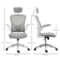 Vinsetto Cadeira de Escritório de Malha Ergonómica Cadeira de Escritório com Altura Ajustável Apoio para os Braços Dobrável Apoio para a Cabeça e Suporte Lombar Ajustáveis 65x64x114-122cm Cinza(m-3)