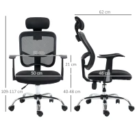 Vinsetto Cadeira de Escritório Giratória Ergonômica com Altura Ajustável Função de Inclinação Apoio para a Cabeça e Suporte Lombar 63x62x109-117cm Preto(m-3)