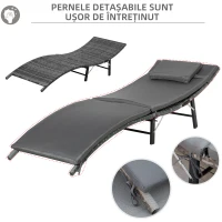 Outsunny Set de 2 Sezlonguri Pliabile, Sezlong de Gradina din Ratan cu Perne Detasabile Lavabile si Masa Pliabila, Gri(m-7)