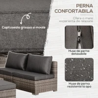 Outsunny Set Mobilier Gradina 8 Piese, Canapea cu Masuta de Cafea din Ratan PE si Structura de Aluminiu, 75x75x71 cm, Gri(m-7)
