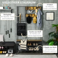 HOMCOM Garderobe im Industriedesign, 1 Memoboard, 1 Schuhbank, 8 Kleiderhaken, 1 Aufbewahrungstasche, Schwarz + Braun(m-4)