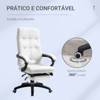 Vinsetto Cadeira de escritório ergonômica giratória com função de inclinação altura ajustável Apoio de braço e apoio para os pés em couro sintético 65x65x118-125 cm Branco(m-6)