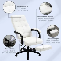 Vinsetto Cadeira de escritório ergonômica giratória com função de inclinação altura ajustável Apoio de braço e apoio para os pés em couro sintético 65x65x118-125 cm Branco(m-7)