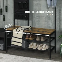 HOMCOM Garderobe im Industriedesign, 1 Memoboard, 1 Schuhbank, 8 Kleiderhaken, 1 Aufbewahrungstasche, Schwarz + Braun(m-5)