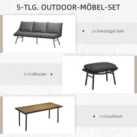 Outsunny Gartenmöbelset, 5-tlg., 2 x Sitzbank, 2 x Hocker, 1 x Tisch, Sitzkissen, Stahlrahmen, Kunstrattan, schwarz(m-4)