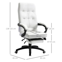 Vinsetto Cadeira de escritório ergonômica giratória com função de inclinação altura ajustável Apoio de braço e apoio para os pés em couro sintético 65x65x118-125 cm Branco(m-3)