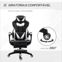 Vinsetto Cadeira de escritorio gaming ergonômica Altura ajustável Reclinável Encosto com apoio para pés 65x70x118,5-126,5 cm Branco e Preto(m-6)