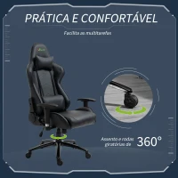 Vinsetto Cadeira de Gaming Ergonômica Giratória com Altura Ajustável Apoio para os Braços Apoio para a Cabeça e Almofada Lombar Couro Sintético 73x71x128-136cm Preto(m-7)