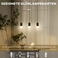 HOMCOM Hanglamp, 3-Lichtbronnen, Hoogteverstelbaar, Industrieel Design, Metaal+Hout, Zwart(m-6)