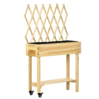 Outsunny Huerto Urbano Elevado de Madera con Celosía para Enredaderas y Ruedas para Plantas Flores 79x29x130 cm Natural(m-1)