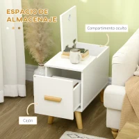 HOMCOM Mesa Auxiliar con Tapa Abatible Cajón y Patas de Madera de Caucho para Salón Dormitorio 60x30x48,5 cm Blanco(m-4)