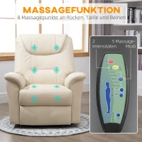 HOMCOM Massagesessel mit Aufstehhilfe, 8 Vibrationsköpfe, 2 Kabelfernbedienungen, 2 Seitentaschen, Creme(m-5)