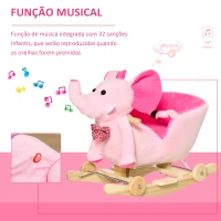 HOMCOM Cavalo Baloiço com Rodas e Forma de Elefante com Músicas Infantis e Cinto de Segurança 60x35x45 cm Rosa(m-4)