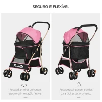 PawHut Carrinho para Animais de Estimação 3 em 1 Dobrável com Bolsa de Transporte Cesta de Armazenamento e Travão 82x49,5x98 cm Rosa(m-7)
