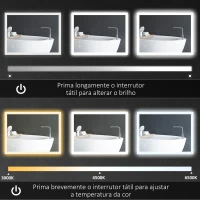 kleankin Espelho Casa de Banho com Luzes LED 70x50 cm Função Antiembaciamento 3 Cores Função de Memória e Interruptor Tátil Prata(m-5)