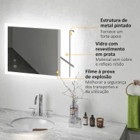 kleankin Espelho Casa de Banho com Luzes LED 70x50 cm Função Antiembaciamento 3 Cores Função de Memória e Interruptor Tátil Prata(m-7)