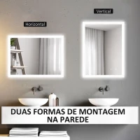 kleankin Espelho Casa de Banho com Luzes LED 70x50 cm Função Antiembaciamento 3 Cores Função de Memória e Interruptor Tátil Prata(m-8)
