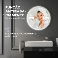 kleankin Espelho Casa de Banho Redondo com Luzes LED 70x70 cm Função Antiembaciamento 3 Luzes Função de Memória e Interruptor Tátil Prata(m-6)