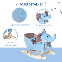 HOMCOM Cavalo Baloiço com Rodas e Forma de Elefante com Músicas Infantis e Cinto de Segurança 60x35x45 cm Azul(m-5)