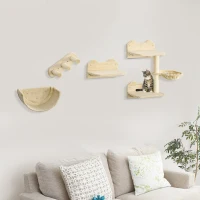 PawHut Prateleiras de Parede para Gatos 4 Peças com Rede Plataforma Semicircular Plataformas de Salto e Poste de Sisal Bege(m-2)