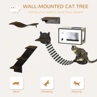PawHut 5 Piece Cat Wall Shelves, Wall-Mounted Cat Tree for Indoor Use - Brown(m-4)